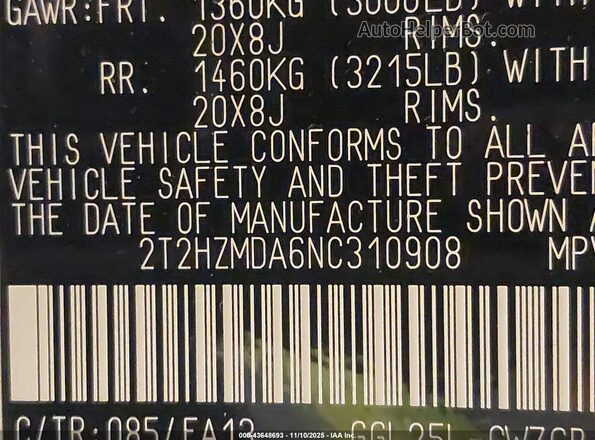 2T2HZMDA6NC310908 2022 LEXUS RX 350 Белый Вид подкапотного пространства