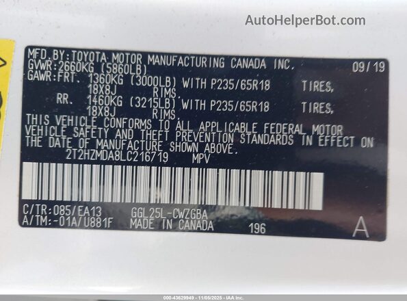 2T2HZMDA8LC216719 2020 LEXUS RX 350 White Շարժիչի բաժամունքի տեսք