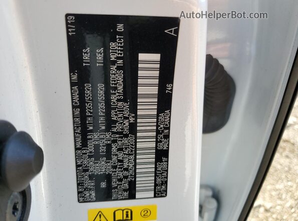 2T2HZMDA8LC223007 2020 LEXUS RX White Widok naklejki z numerem VIN