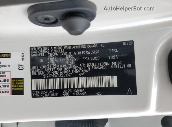 2T2JZMDA1LC251927 2020 LEXUS RX White VIN կոդի պիտակի տեսք