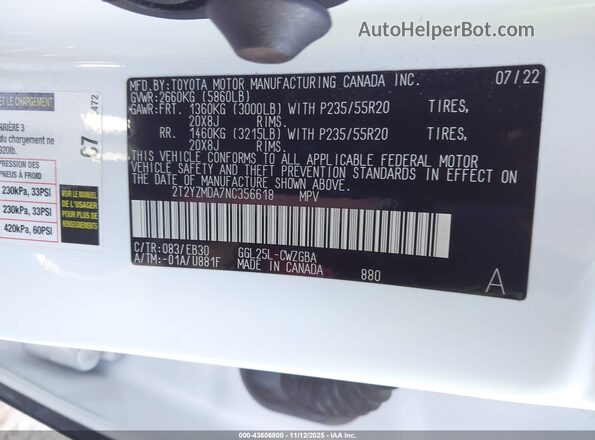 2T2YZMDA7NC356618 2022 LEXUS RX 350 White Widok komory silnika