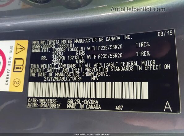 2T2YZMDA9LC213084 2020 LEXUS RX 350 Gray Вид підкапотного простору