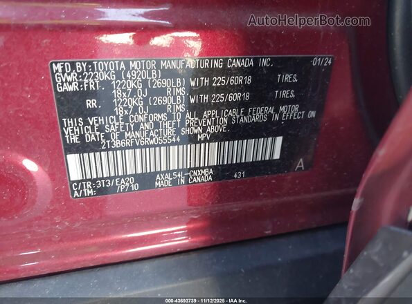 2T3B6RFV6RW055544 2024 TOYOTA LE Red Engine compartment view