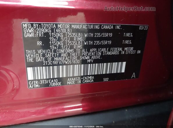 2T3C1RFV7PW261830 2023 TOYOTA LE Red ძრავის განყოფილების ხედი