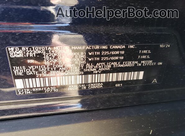 2T3D6RFV3RW080409 2024 TOYOTA LIMITED Синий Вид наклейки с VIN-кодом