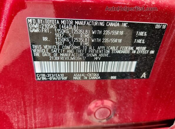 2T3DFREVXJW839417 2018 TOYOTA LIMITED Red 