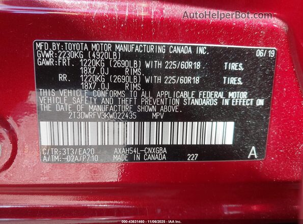 2T3DWRFV3KW022435 2019 TOYOTA LIMITED Red Вид підкапотного простору