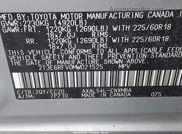 2T3E6RFV0MW021525 2021 TOYOTA RAV4 HYBRID Light Blue Widok komory silnika