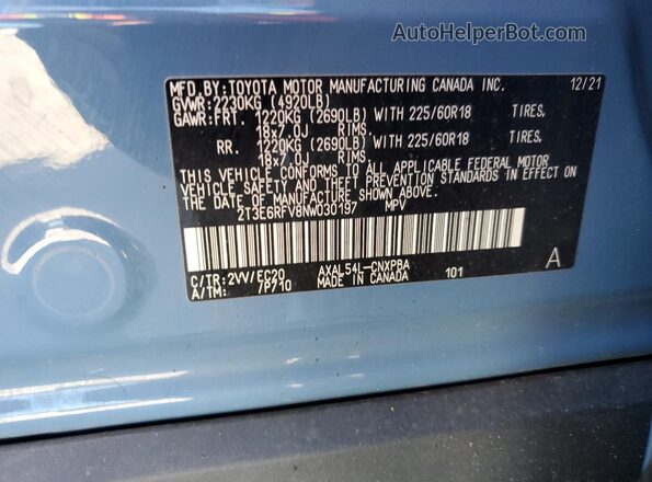 2T3E6RFV8NW030197 2022 TOYOTA RAV4 Blue Vista de la etiqueta del VIN