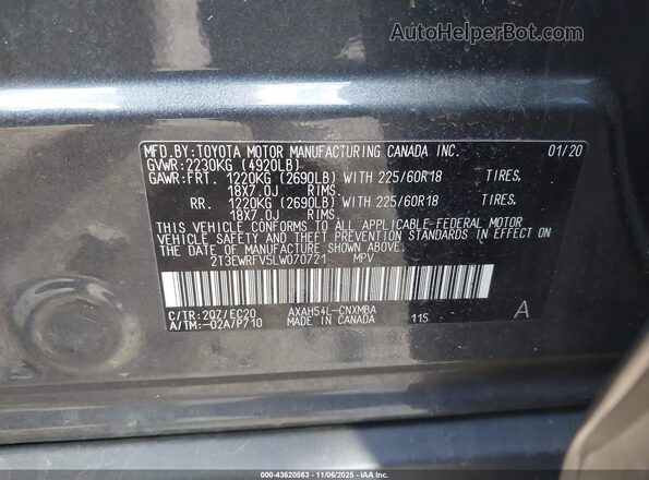 2T3EWRFV5LW070721 2020 TOYOTA RAV4 HYBRID Gray Շարժիչի բաժամունքի տեսք