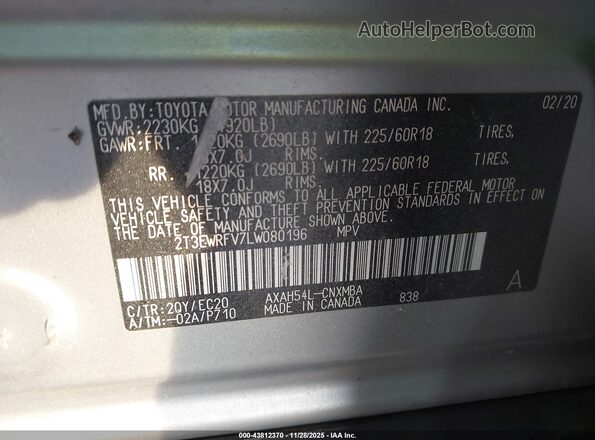 2T3EWRFV7LW080196 2020 TOYOTA RAV4 HYBRID Gray ძრავის განყოფილების ხედი