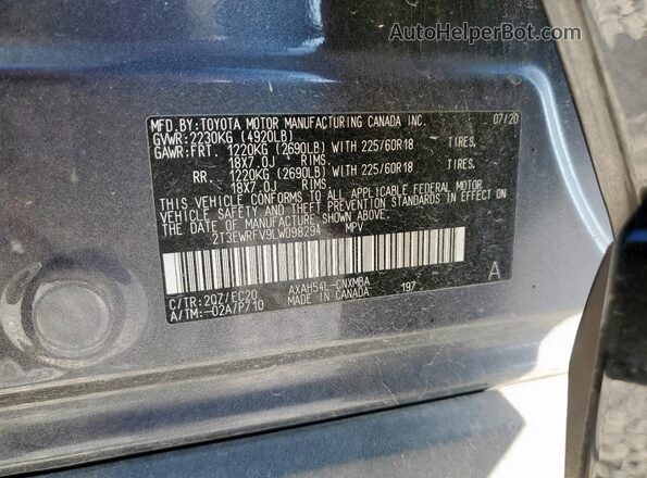 2T3EWRFV9LW098294 2020 TOYOTA RAV4 Charcoal VIN կոդի պիտակի տեսք