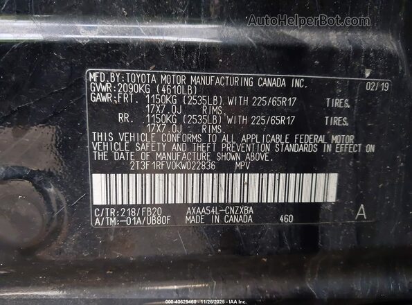 2T3F1RFV0KW022836 2019 TOYOTA LE Black Widok komory silnika