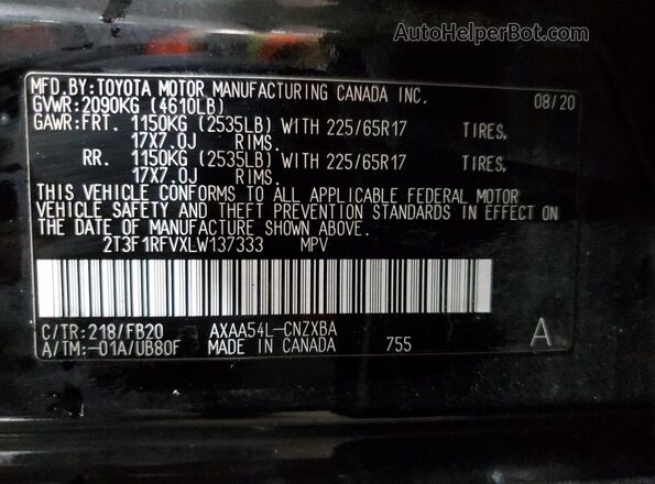2T3F1RFVXLW137333 2020 TOYOTA LE Black Vista interior de 360 grados