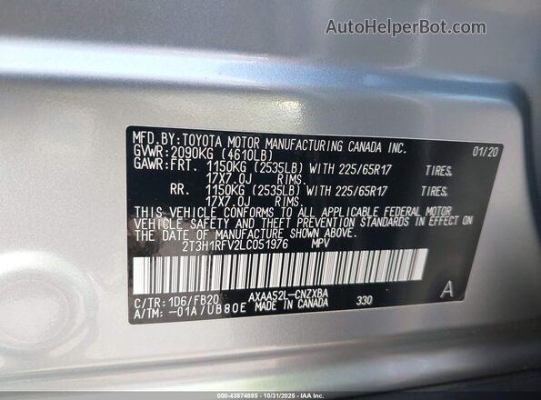 2T3H1RFV2LC051976 2020 TOYOTA LE Silver Engine compartment view