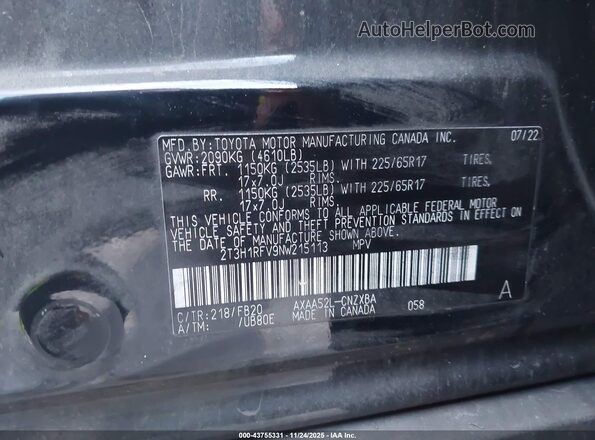 2T3H1RFV9NW215113 2022 TOYOTA LE Black Շարժիչի բաժամունքի տեսք