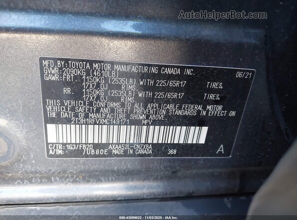 2T3H1RFVXMC149171 2021 TOYOTA LE Gray 