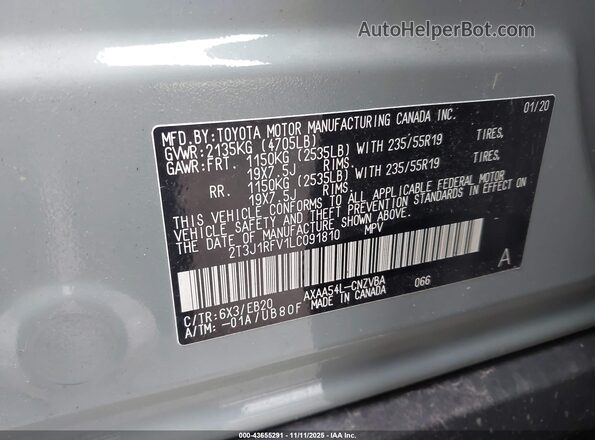2T3J1RFV1LC091810 2020 TOYOTA RAV4 Gray Vista del compartimento del motor