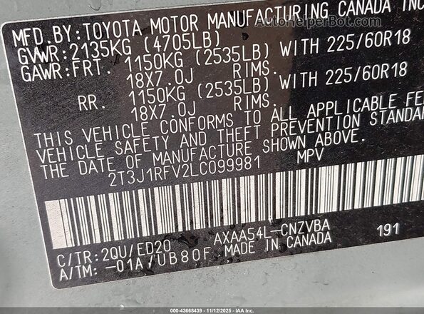 2T3J1RFV2LC099981 2020 TOYOTA RAV4 Turquoise Engine compartment view
