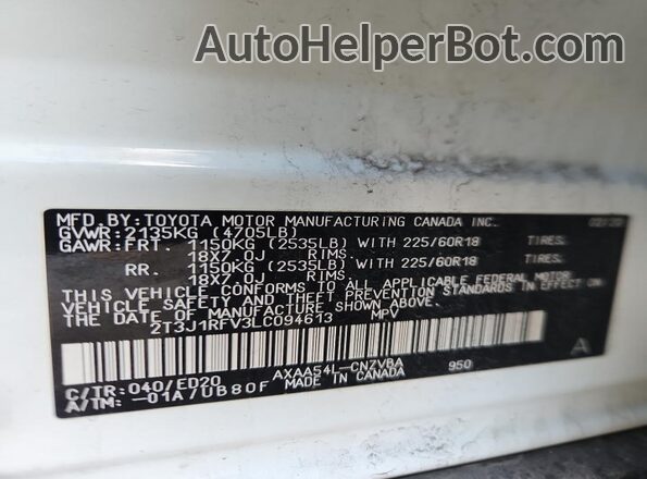 2T3J1RFV3LC094613 2020 TOYOTA RAV4 White Սալոնի 360 աստիճան տեսք