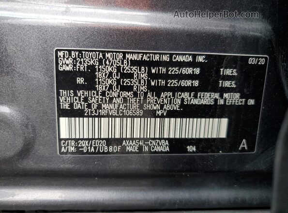 2T3J1RFV6LC106589 2020 TOYOTA RAV4 Gray VIN կոդի պիտակի տեսք