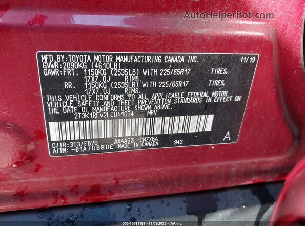 2T3K1RFV2LC041034 2020 TOYOTA LE Red ძრავის განყოფილების ხედი