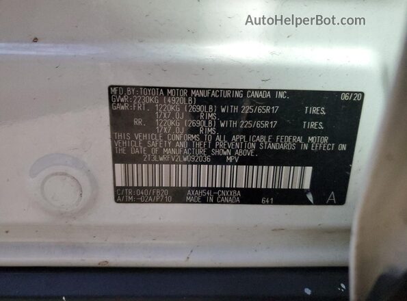 2T3LWRFV2LW092036 2020 TOYOTA LE White Вид наклейки з VIN-кодом