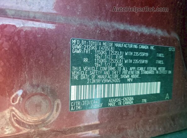 2T3N1RFV9RW424005 2024 TOYOTA LIMITED Red სალონის 360-გრადუსიანი ხედი
