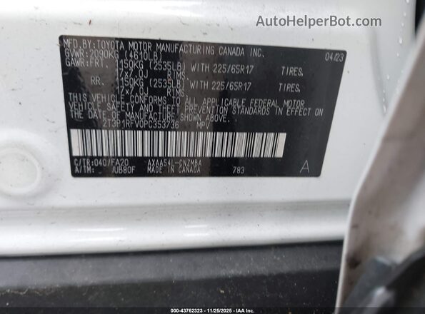 2T3P1RFV0PC353736 2023 TOYOTA LE White Вид підкапотного простору