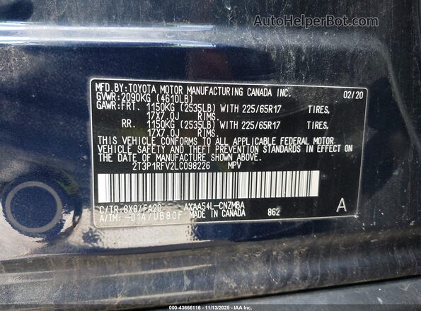 2T3P1RFV2LC098226 2020 TOYOTA LE Dark Blue Շարժիչի բաժամունքի տեսք