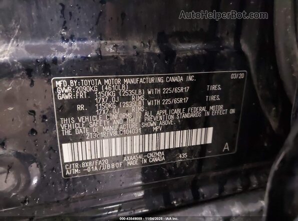 2T3P1RFV8LC104031 2020 TOYOTA LE Blue Widok komory silnika