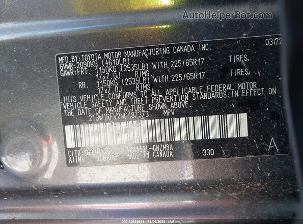 2T3W1RFV2NC187373 2022 TOYOTA LE Gray 