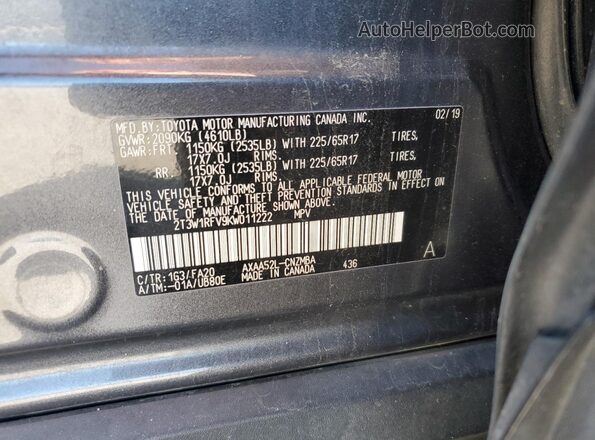 2T3W1RFV9KW011222 2019 TOYOTA LE Gray Вид наклейки з VIN-кодом