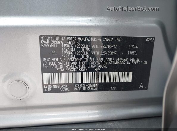 2T3W1RFVXNC183569 2022 TOYOTA LE Gray ძრავის განყოფილების ხედი