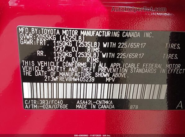 2T3WFREV8HW405239 2017 TOYOTA LE Бордовый Вид подкапотного пространства