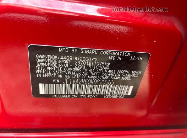 JF1VA2R60K9820265 2019 SUBARU WRX Red Widok wnętrza z tyłu