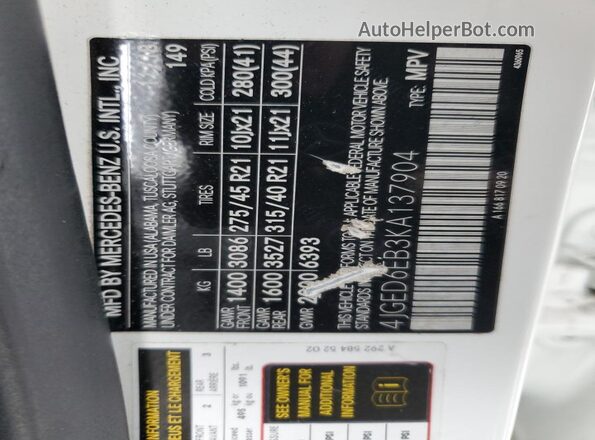 4JGED6EB3KA137904 2019 MERCEDES-BENZ GLE White Панорамний вид салону 360°