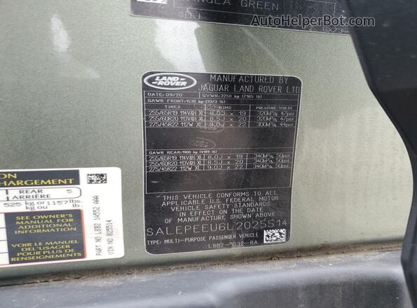 SALEPEEU6L2025514 2020 LAND ROVER DEFENDER Green 360 interior view