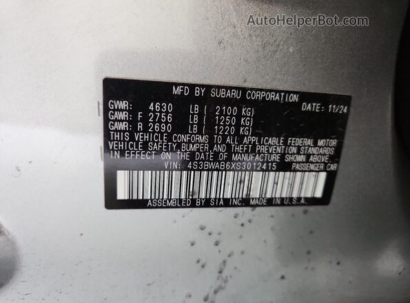 4S3BWAB6XS3012415 2025 SUBARU LEGACY Silver Widok naklejki z numerem VIN
