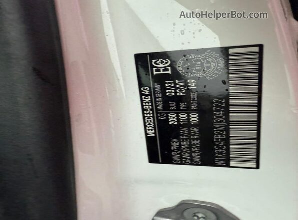 W1K3G4FB2MJ304722 2021 MERCEDES-BENZ A-CLASS White 