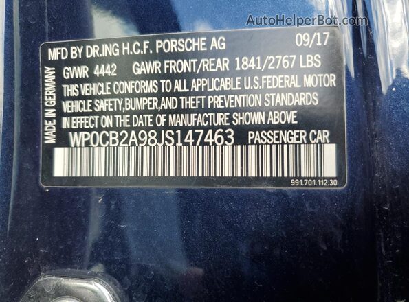 WP0CB2A98JS147463 2018 PORSCHE 911 Blue VIN კოდის სტიკერის ხედი