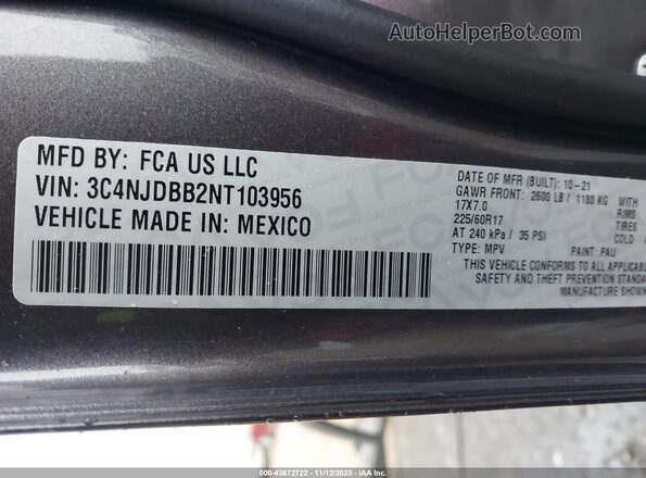 3C4NJDBB2NT103956 2022 JEEP COMPASS Gray ძრავის განყოფილების ხედი