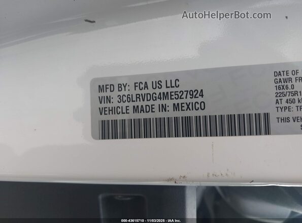 3C6LRVDG4ME527924 2021 RAM PROMASTER 2500 White Вид підкапотного простору