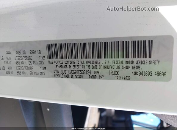 3C6TRVCG0KE539194 2019 RAM PROMASTER 2500 White Widok komory silnika