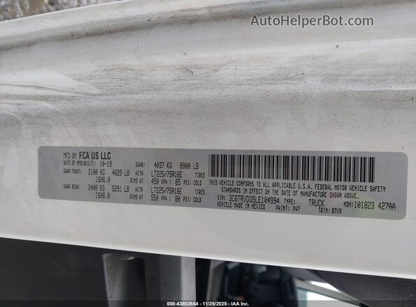 3C6TRVDG5LE104994 2020 RAM PROMASTER 2500 White Vista del compartimento del motor