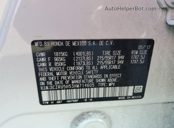 3CZRU5H53HM714605 2017 HONDA HR-V White VIN sticker view