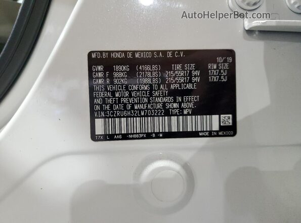 3CZRU6H32LM703222 2020 HONDA HR-V White VIN կոդի պիտակի տեսք