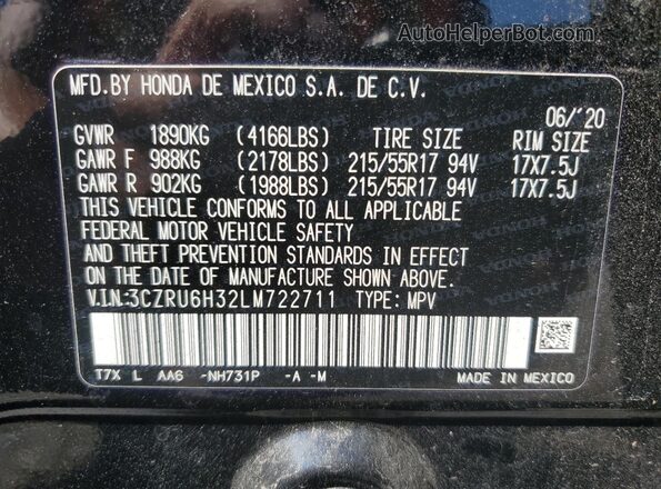 3CZRU6H32LM722711 2020 HONDA HR-V Черный Вид наклейки с VIN-кодом