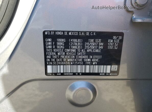3CZRU6H34LM725450 2020 HONDA HR-V Серебряный Вид наклейки с VIN-кодом