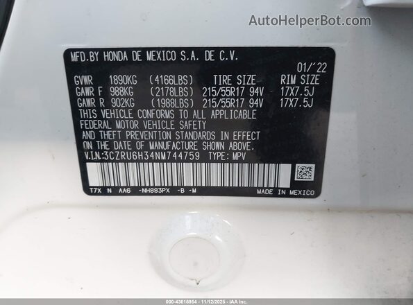 3CZRU6H34NM744759 2022 HONDA HR-V White Engine compartment view